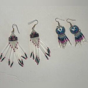 Two Pair Beaded Handmade Earrings-white w/pink flower and blue w/pink